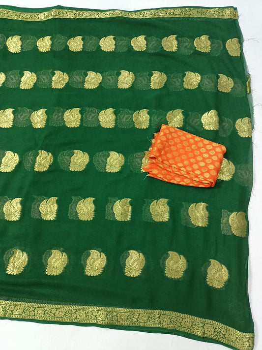 Georgette Banaras Saree with Zari Buta, Zari Border & Contrast Zari Buti Blouse – Festive Elegance - Kanhasarees by ksds