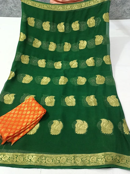 Georgette Banaras Saree with Zari Buta, Zari Border & Contrast Zari Buti Blouse – Festive Elegance