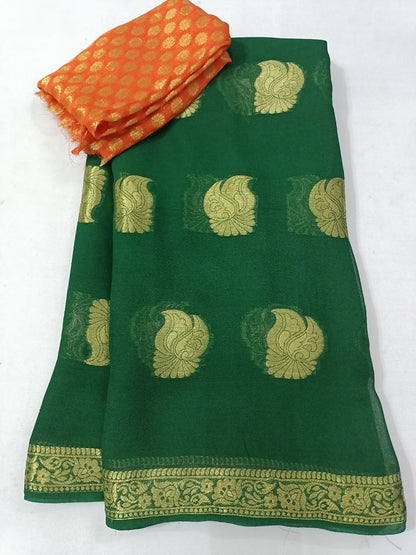 Georgette Banaras Saree with Zari Buta, Zari Border & Contrast Zari Buti Blouse – Festive Elegance