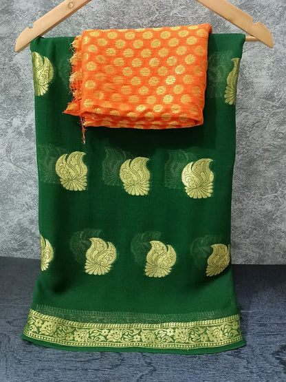 Georgette Banaras Saree with Zari Buta, Zari Border & Contrast Zari Buti Blouse – Festive Elegance