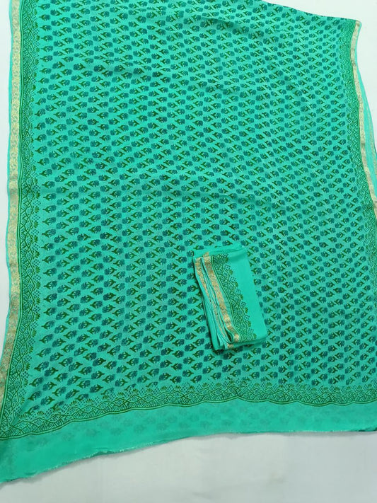 Pure Chinnon Block Print Saree with Small Zari Border and Matching Blouse – Elegant Indian Ethnic Wear - Kanhasarees by ksds