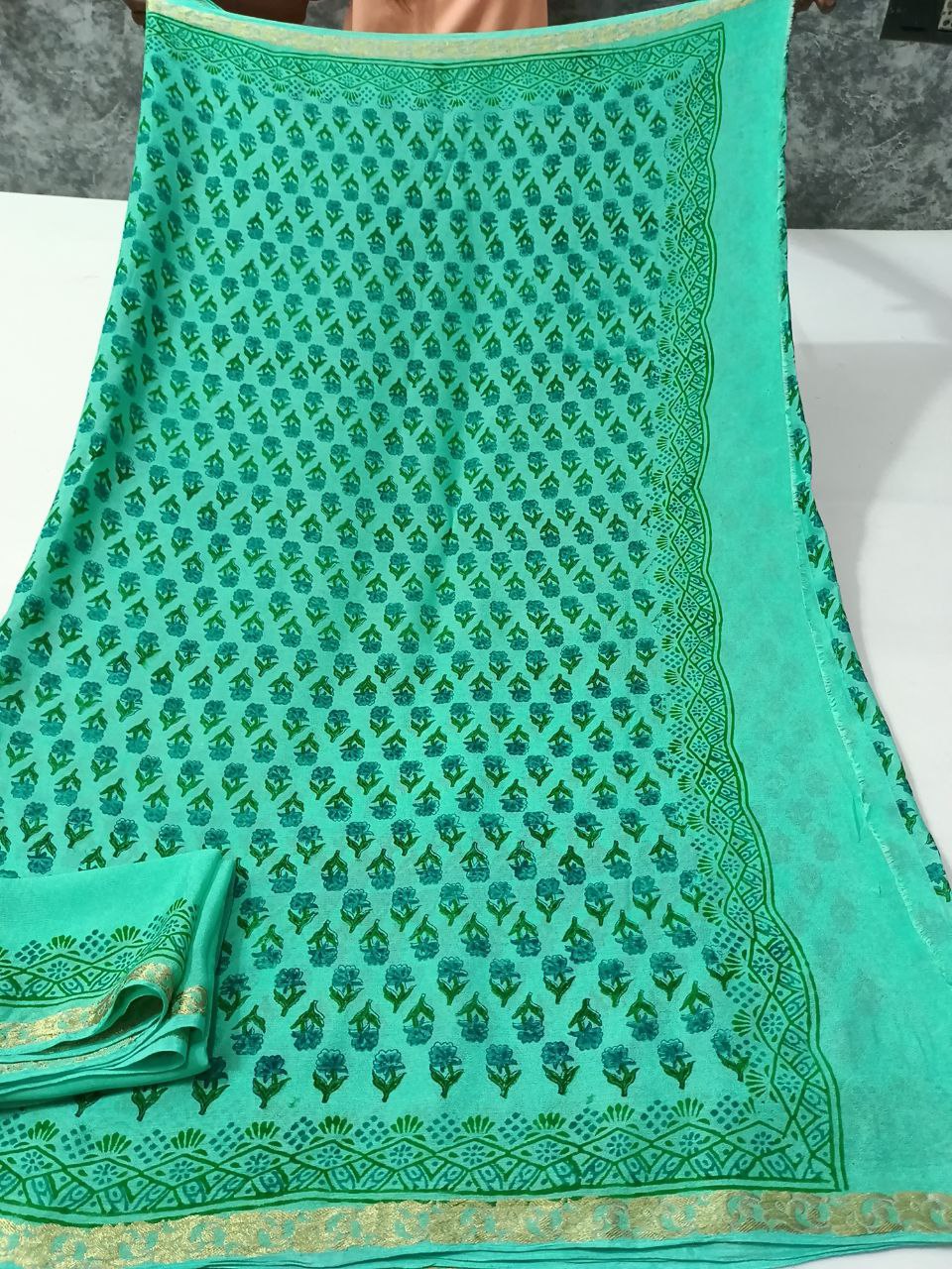 Pure Chinnon Block Print Saree with Small Zari Border and Matching Blouse – Elegant Indian Ethnic Wear