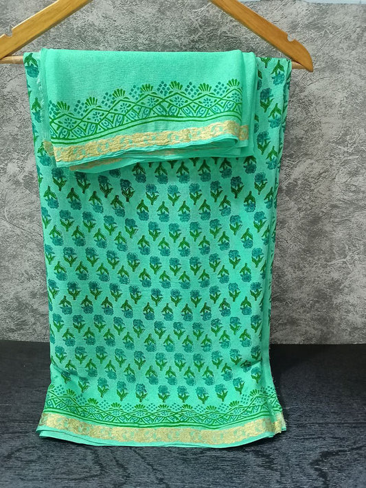 Pure Chinnon Block Print Saree with Small Zari Border and Matching Blouse – Elegant Indian Ethnic Wear