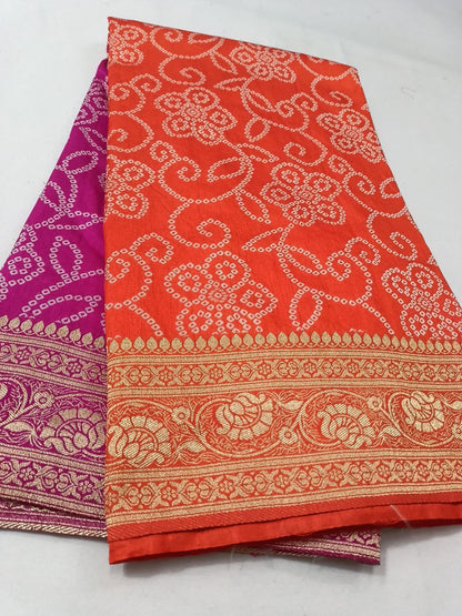 Soft Silk Two-Dye Bandhani Saree with Banarasi Zari Border and Heavy Pallu – Traditional Indian Wear