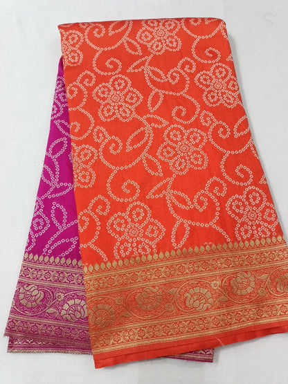 Soft Silk Two-Dye Bandhani Saree with Banarasi Zari Border and Heavy Pallu – Traditional Indian Wear