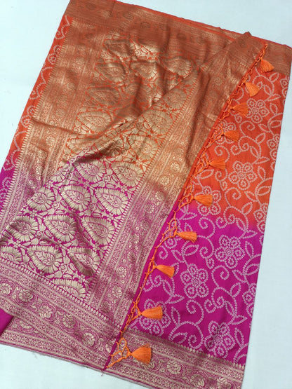 Soft Silk Two-Dye Bandhani Saree with Banarasi Zari Border and Heavy Pallu – Traditional Indian Wear