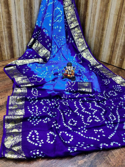 Traditional Bandhani Art Silk Saree with Zari Border - Handmade Bandhej - KANHASAREE