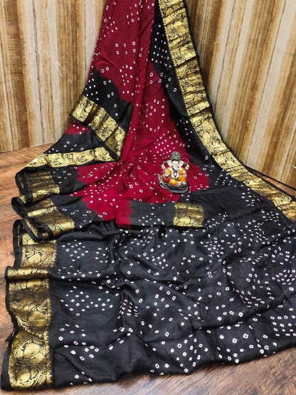 Traditional Bandhani Art Silk Saree with Zari Border - Handmade Bandhej - KANHASAREE