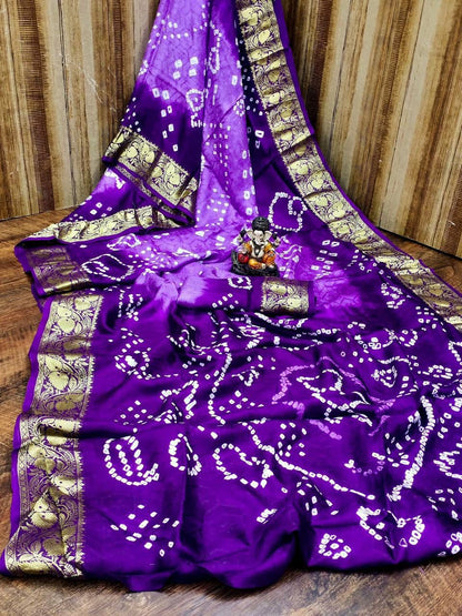 Traditional Bandhani Art Silk Saree with Zari Border - Handmade Bandhej - KANHASAREE