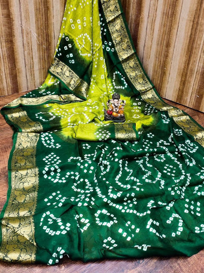 Traditional Bandhani Art Silk Saree with Zari Border - Handmade Bandhej - KANHASAREE