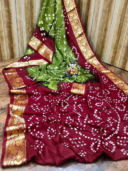 Traditional Bandhani Art Silk Saree with Zari Border - Handmade Bandhej - KANHASAREE