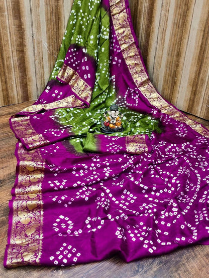 Traditional Bandhani Art Silk Saree with Zari Border - Handmade Bandhej - KANHASAREE