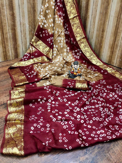 Traditional Bandhani Art Silk Saree with Zari Border - Handmade Bandhej - KANHASAREE