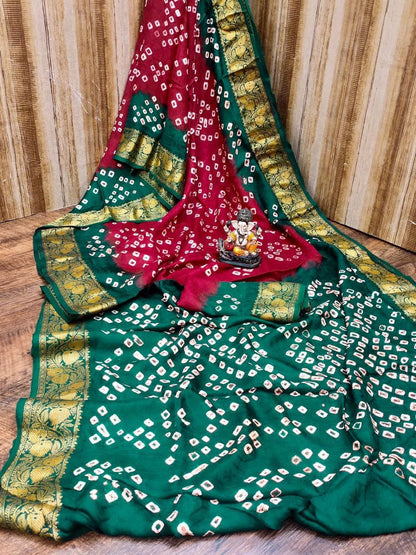 Traditional Bandhani Art Silk Saree with Zari Border - Handmade Bandhej - KANHASAREE