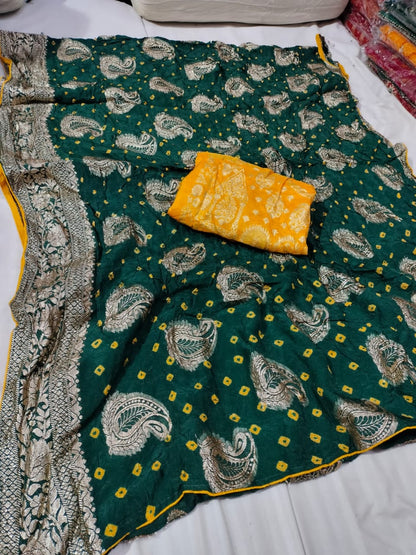 Dola Silk Saree with Bandhej Design & Zari Border for Weddings & Festivals