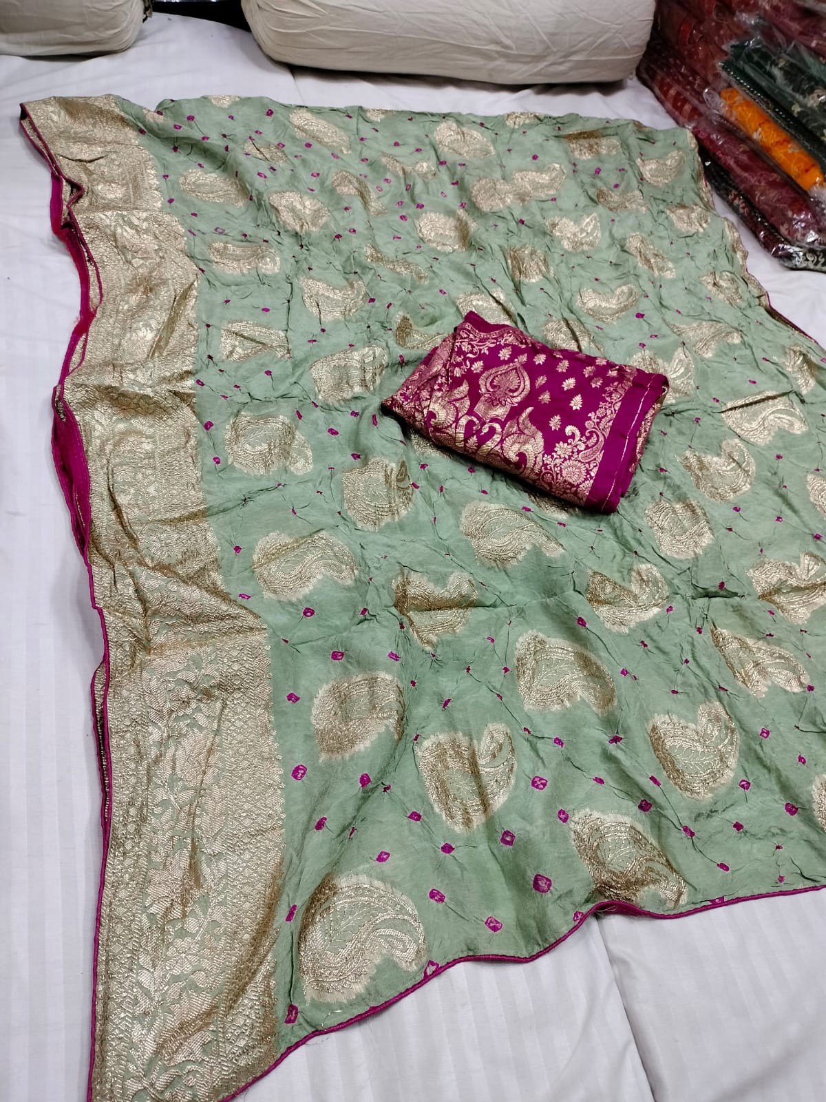 Dola Silk Saree with Bandhej Design & Zari Border for Weddings & Festivals