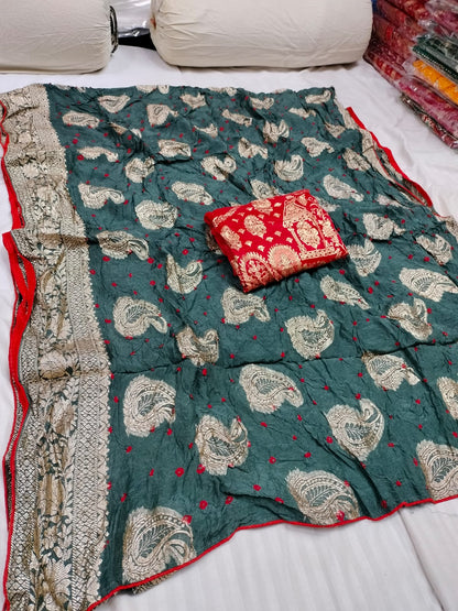 Dola Silk Saree with Bandhej Design & Zari Border for Weddings & Festivals