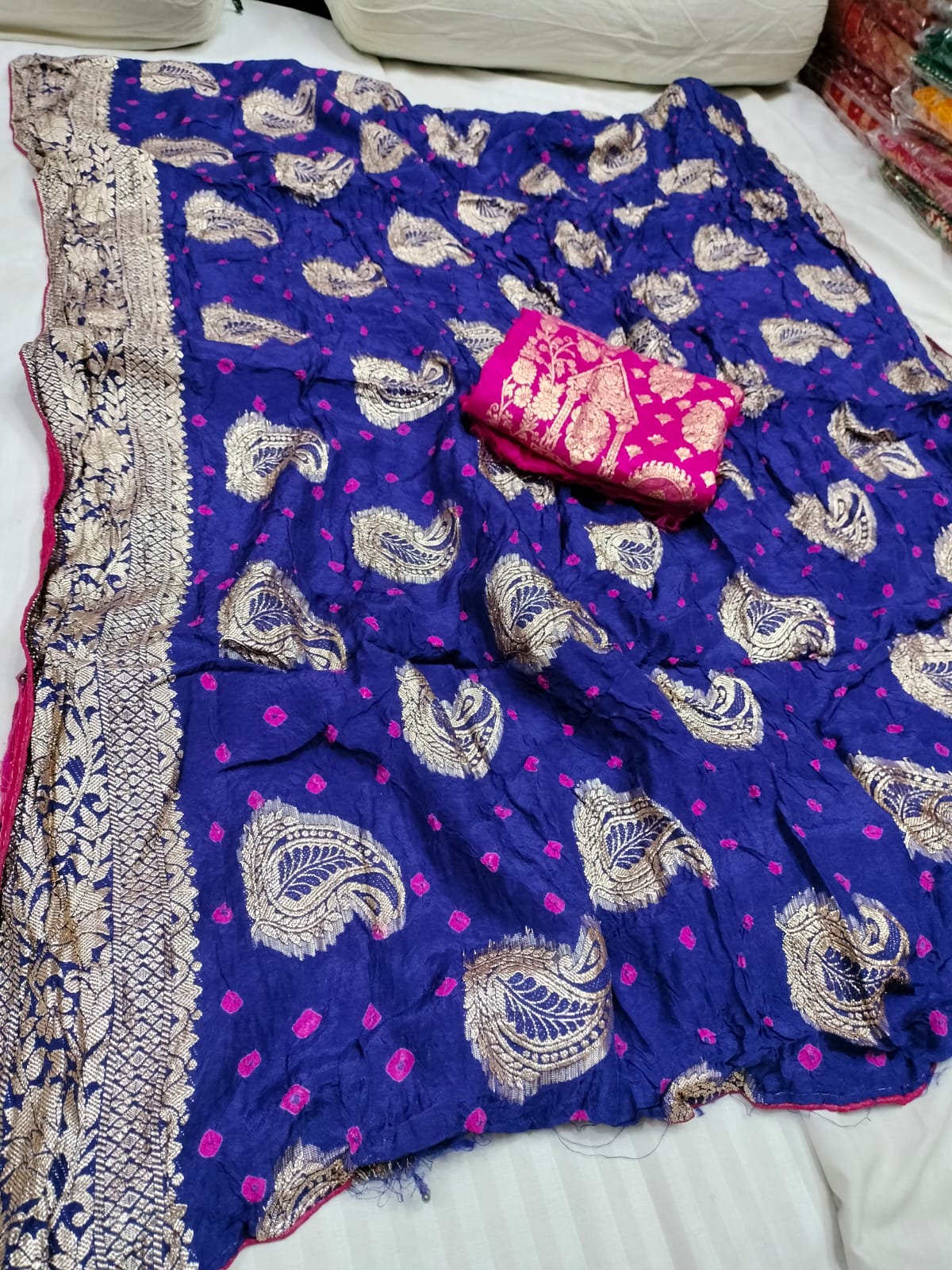 Dola Silk Saree with Bandhej Design & Zari Border for Weddings & Festivals