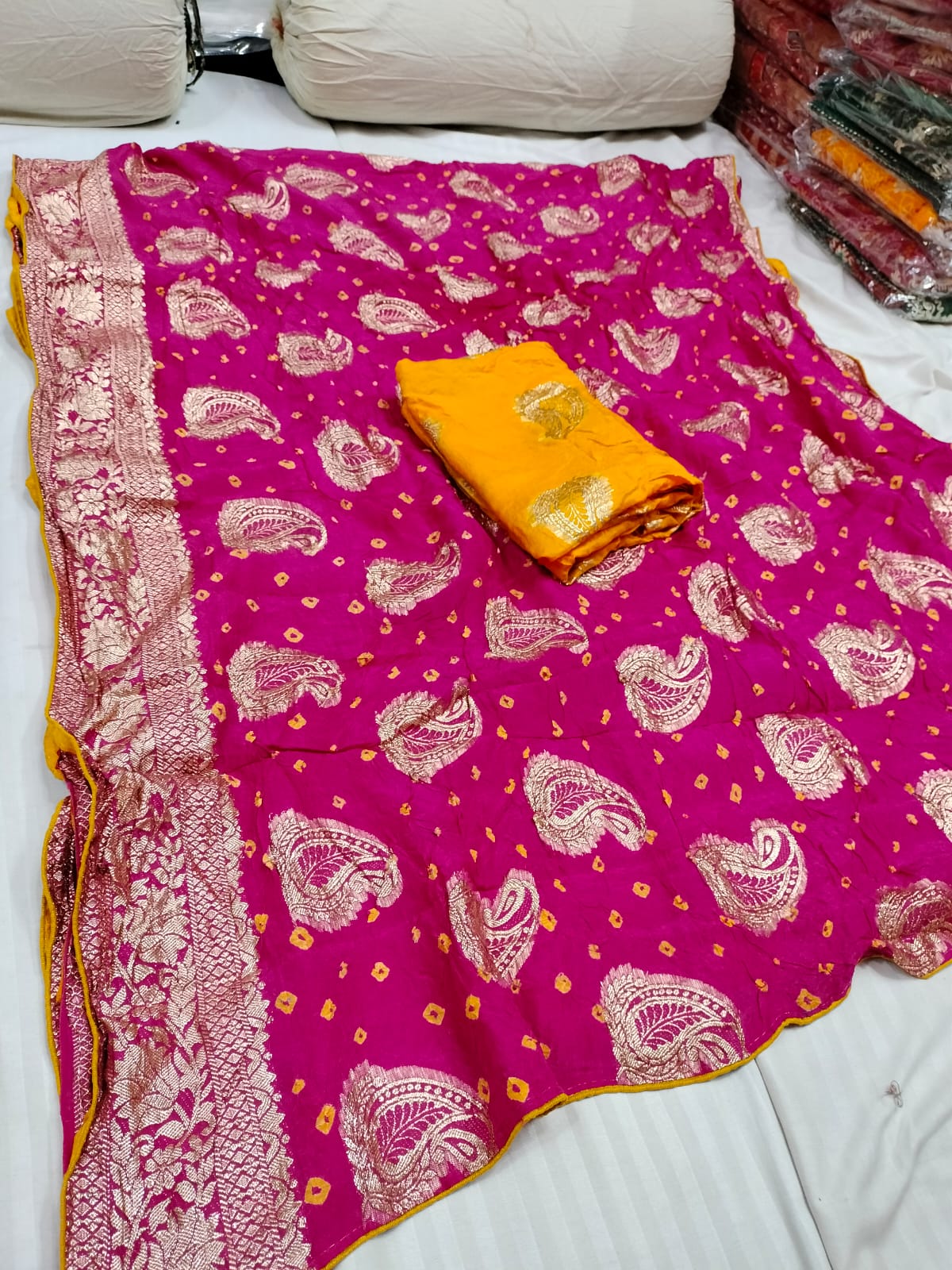 Dola Silk Saree with Bandhej Design & Zari Border for Weddings & Festivals