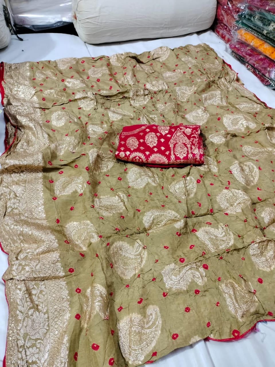 Dola Silk Saree with Bandhej Design & Zari Border for Weddings & Festivals