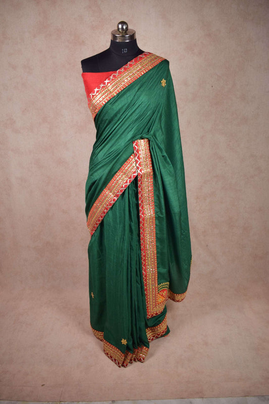 Bottle Green Gota Work Saree in Cotton Silk - KANHASAREE