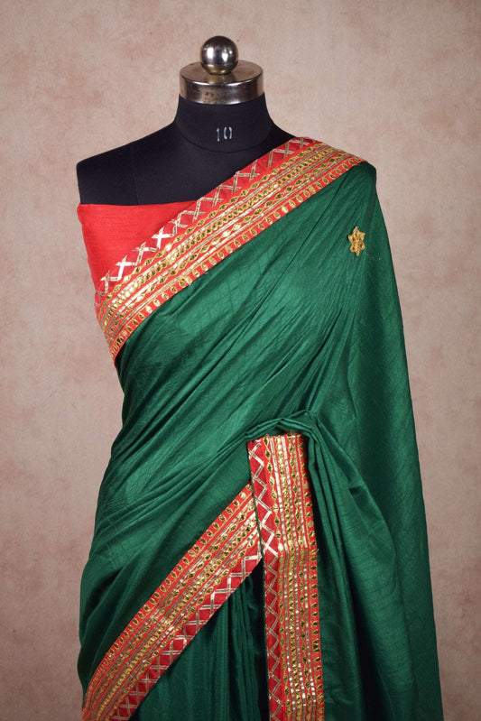 Bottle Green Gota Work Saree in Cotton Silk - Kanhasarees by ksds