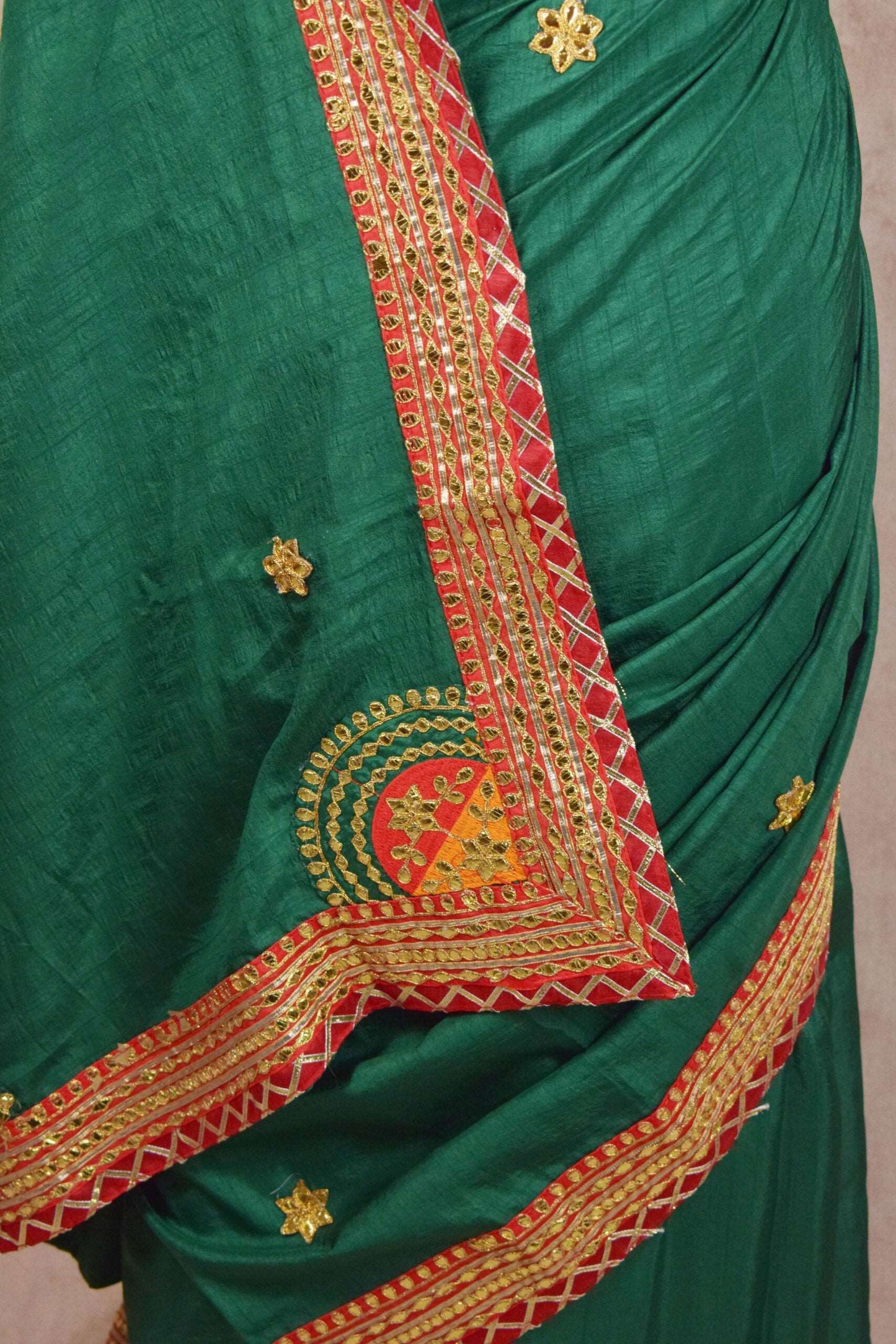 Bottle Green Gota Work Saree in Cotton Silk - KANHASAREE