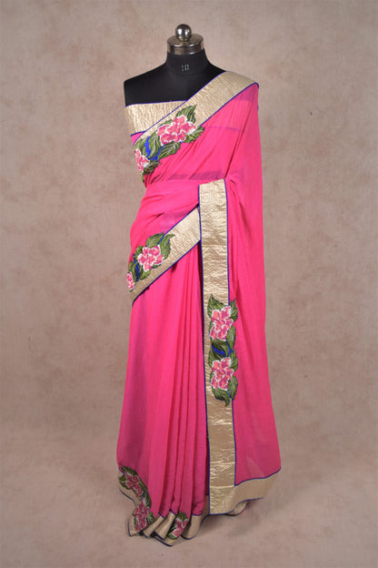 Pink Crush Saree with Embroidery Aplique Work - KANHASAREE