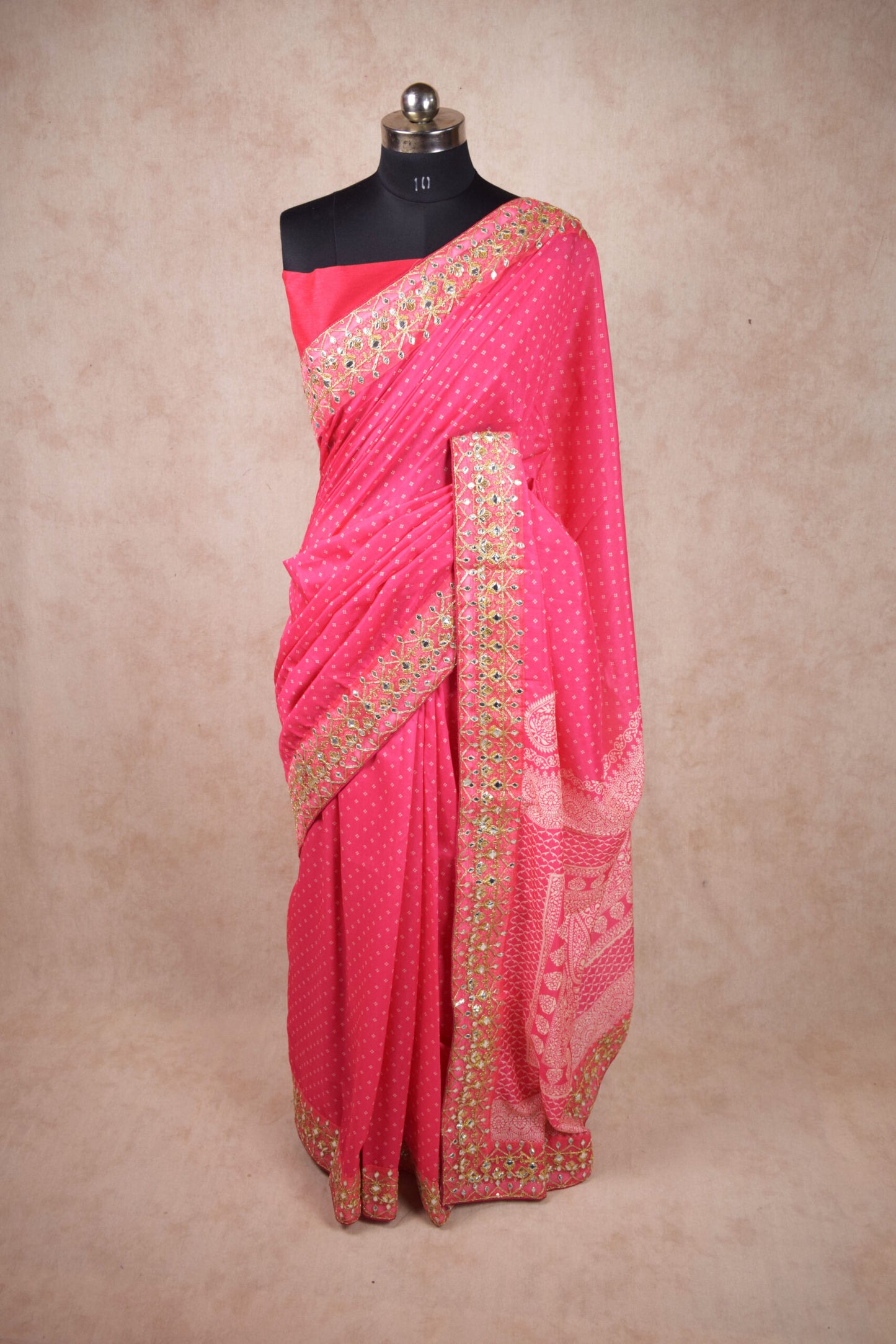 Pink White Bandhani Saree with Gota Border - KANHASAREE