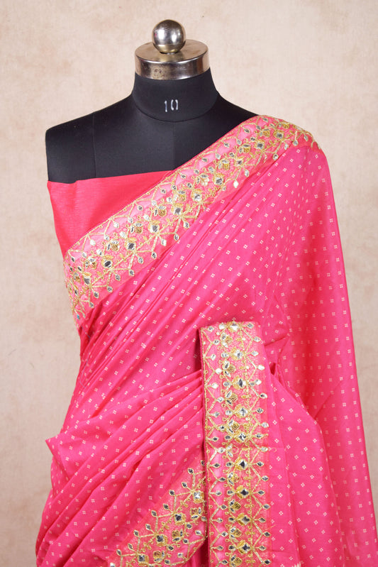 Pink White Bandhani Saree with Gota Border - Kanhasarees by ksds
