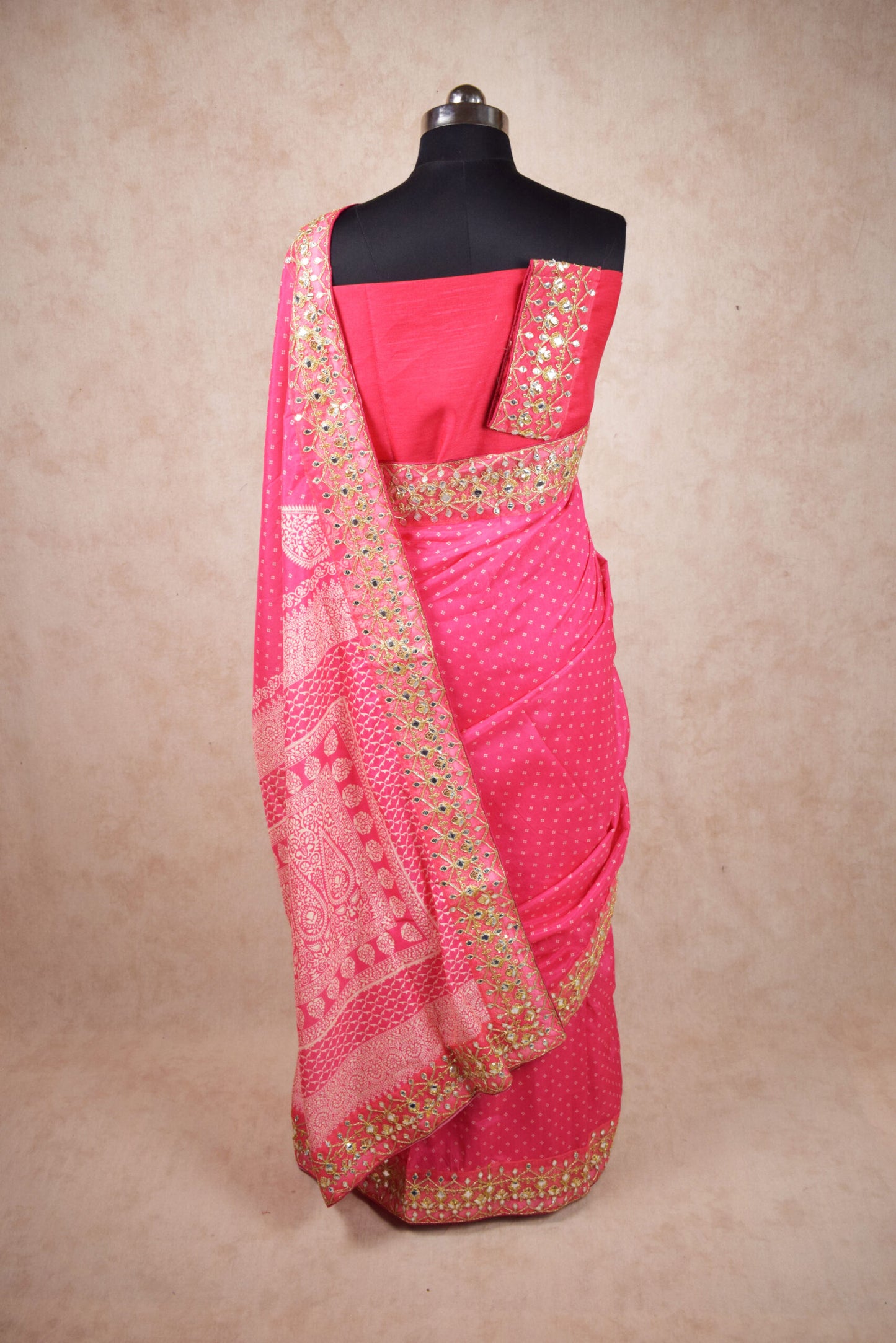 Pink White Bandhani Saree with Gota Border - KANHASAREE