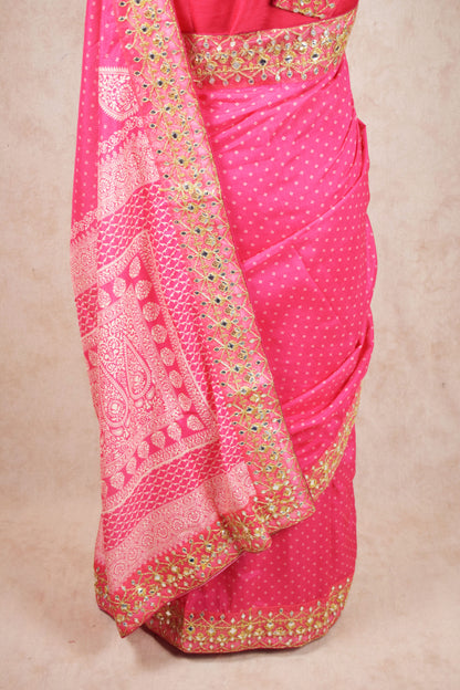 Pink White Bandhani Saree with Gota Border - KANHASAREE