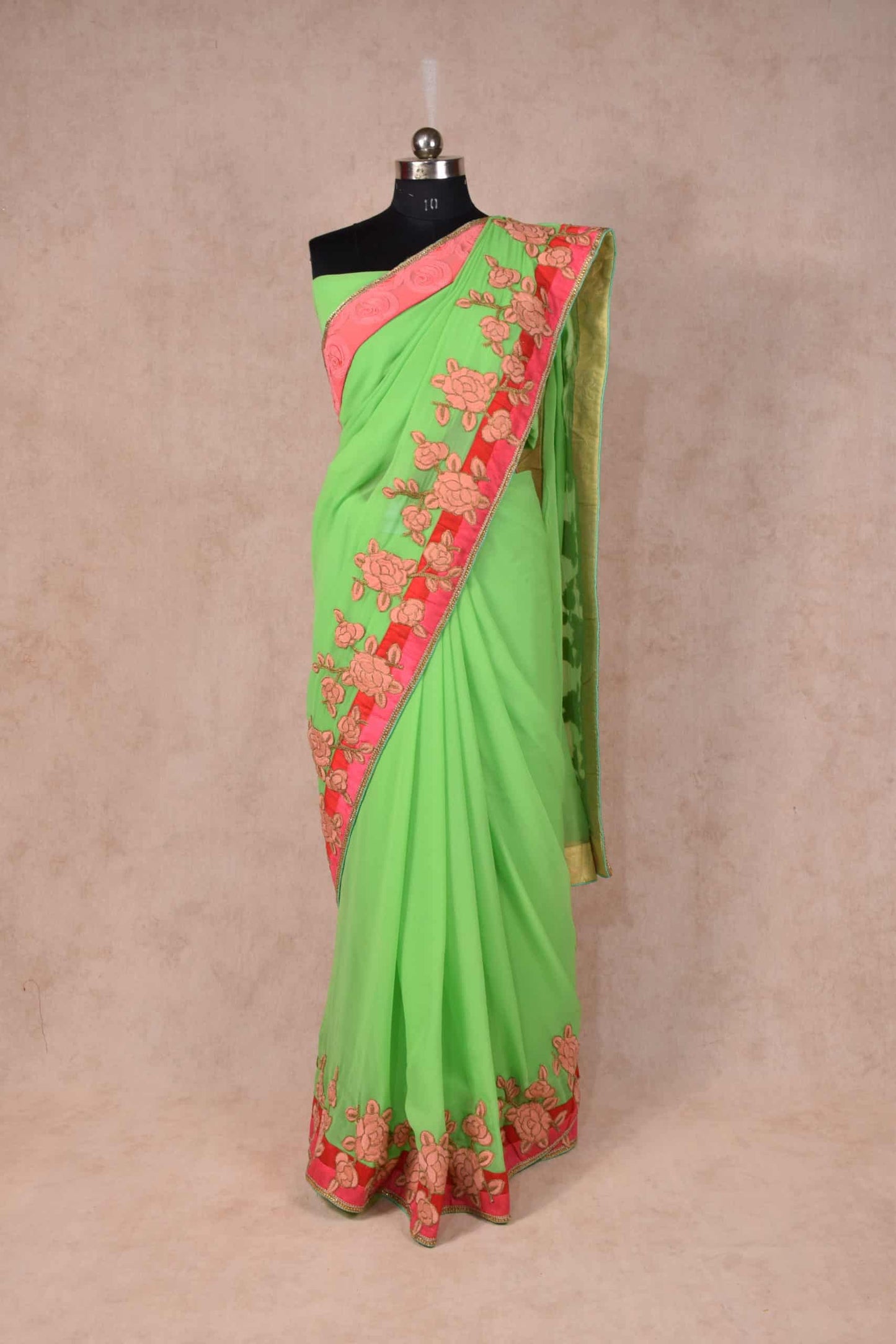 Pure Crepe Green Color Saree with Beautiful Flower Applique Work - KANHASAREE