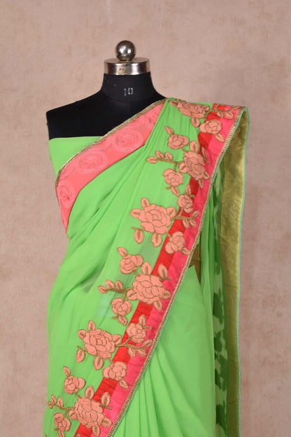 Pure Crepe Green Color Saree with Beautiful Flower Applique Work - KANHASAREE