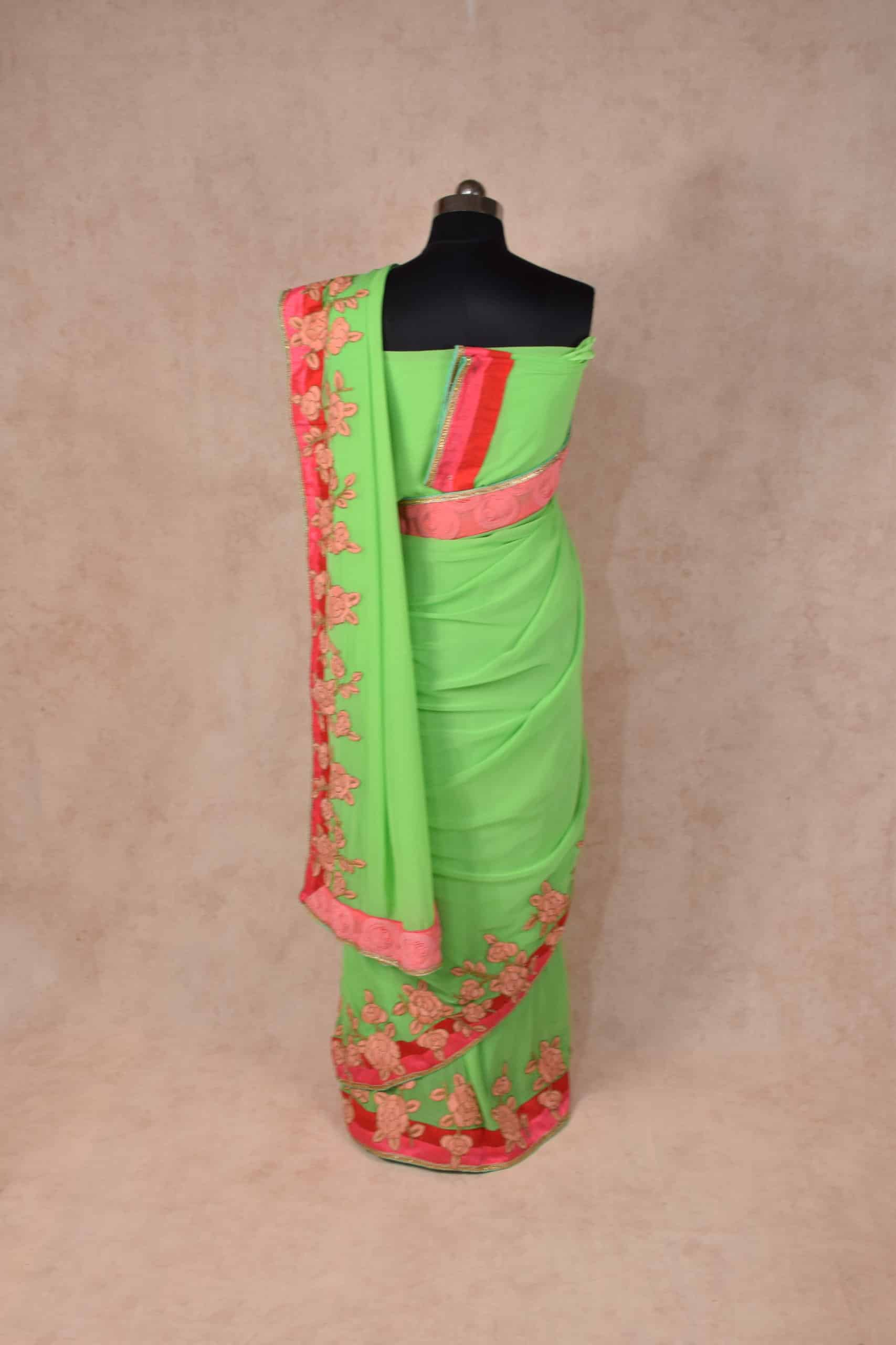 Pure Crepe Green Color Saree with Beautiful Flower Applique Work - KANHASAREE