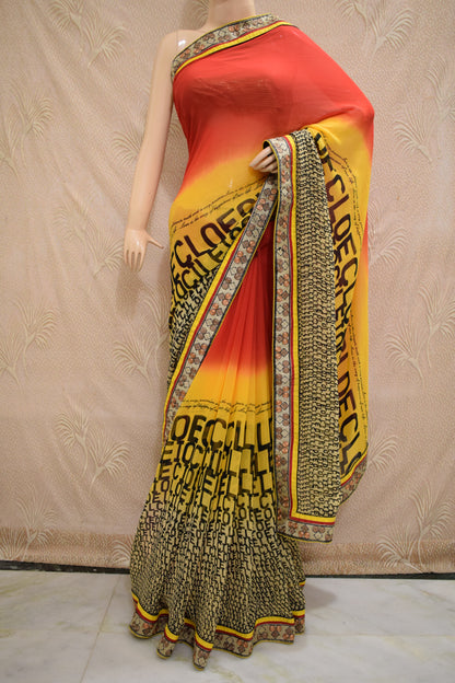 Pure Georgette Printed Saree | Alphabetical Print with Fancy Border | Designer Saree