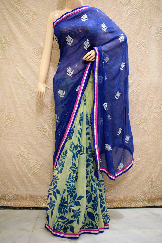 Pure Chiffon Half-Half Saree | Floral Print & Thread Embroidery | Lightweight Designer Saree