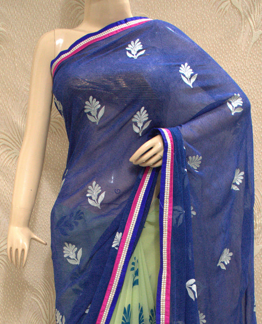 Pure Chiffon Half-Half Saree | Floral Print & Thread Embroidery | Lightweight Designer Saree - Kanhasarees by ksds