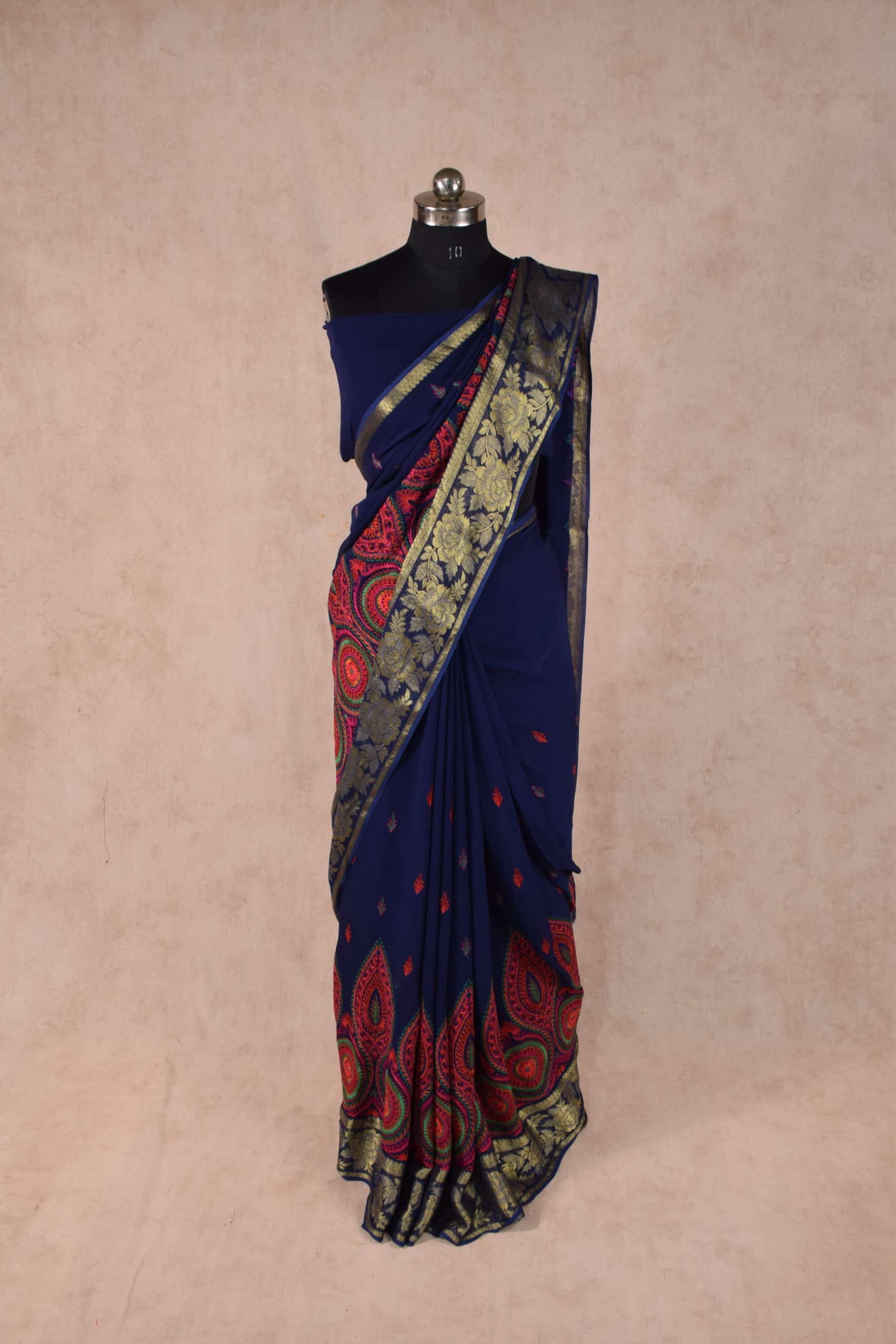 Navy Blue Color Kashmiri Embroidery Saree with banarasi border - KANHASAREE