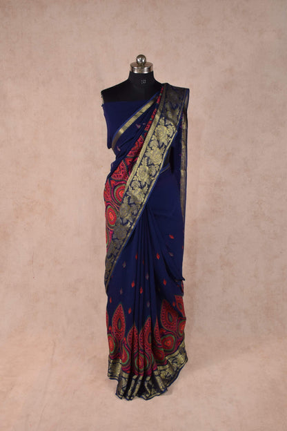 Navy Blue Color Kashmiri Embroidery Saree with banarasi border - KANHASAREE