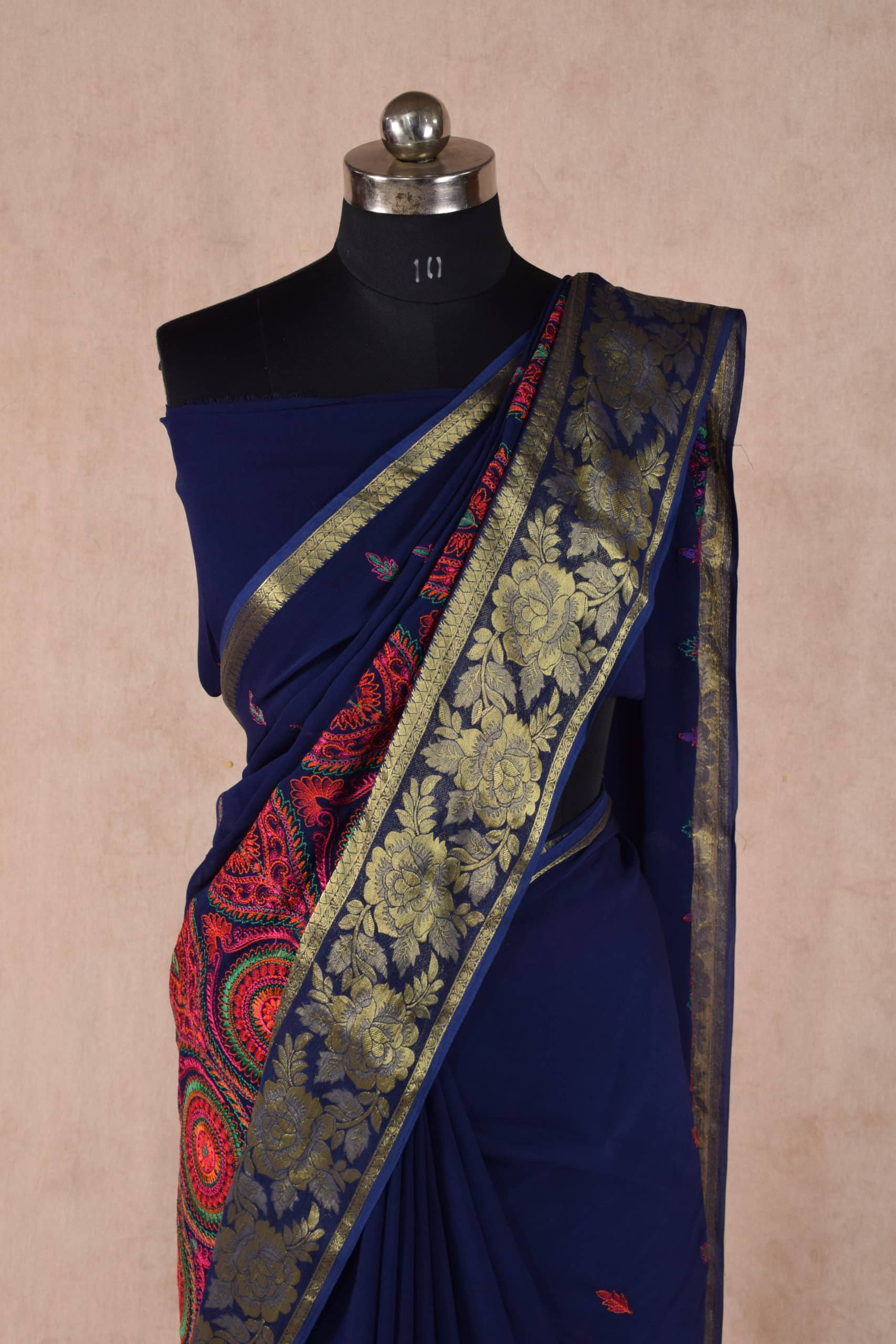 Navy Blue Color Kashmiri Embroidery Saree with banarasi border - KANHASAREE