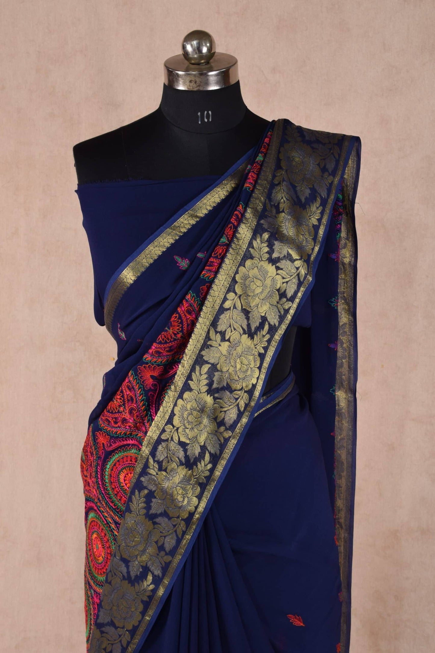 Navy Blue Color Kashmiri Embroidery Saree with banarasi border - KANHASAREE