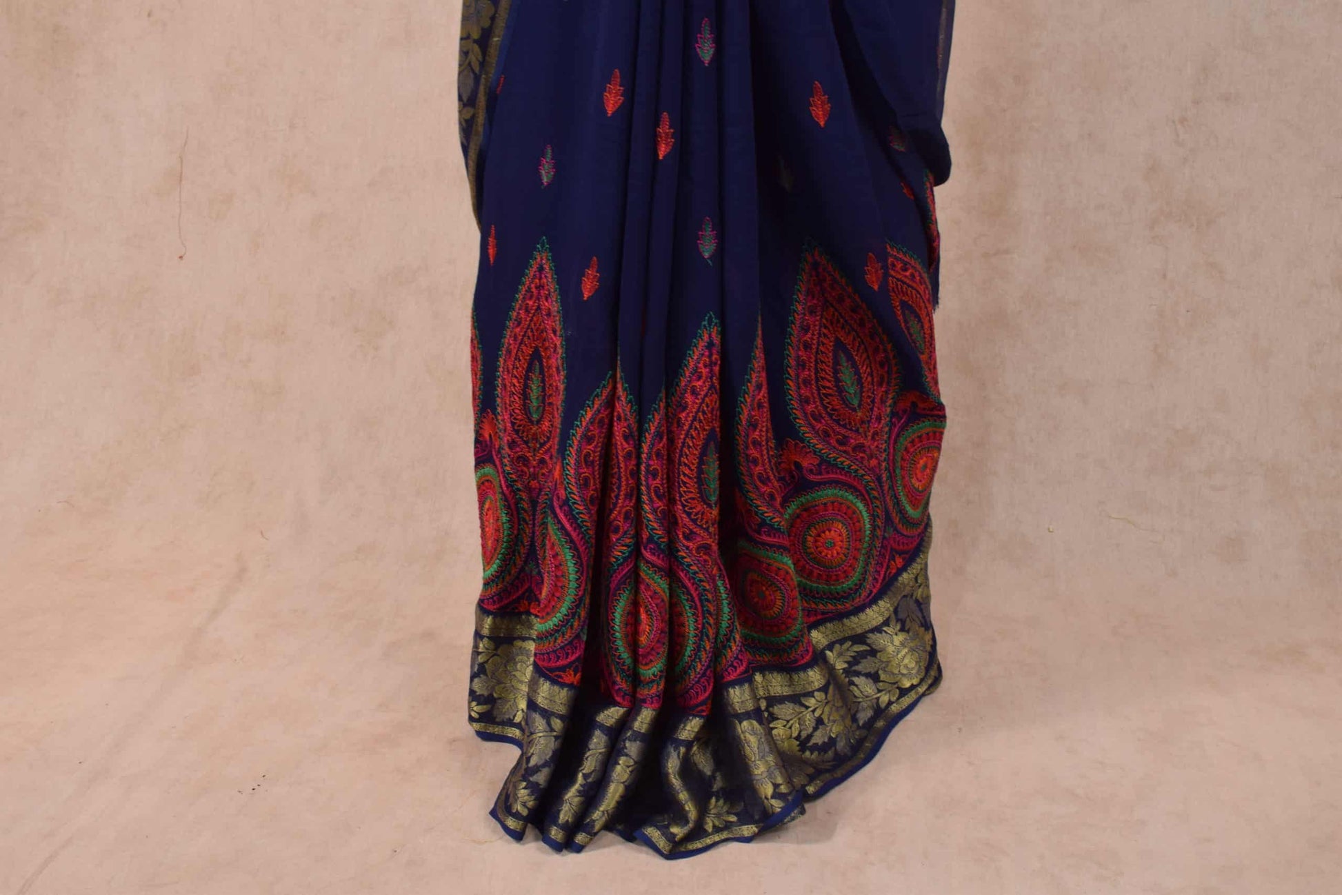 Navy Blue Color Kashmiri Embroidery Saree with banarasi border - KANHASAREE