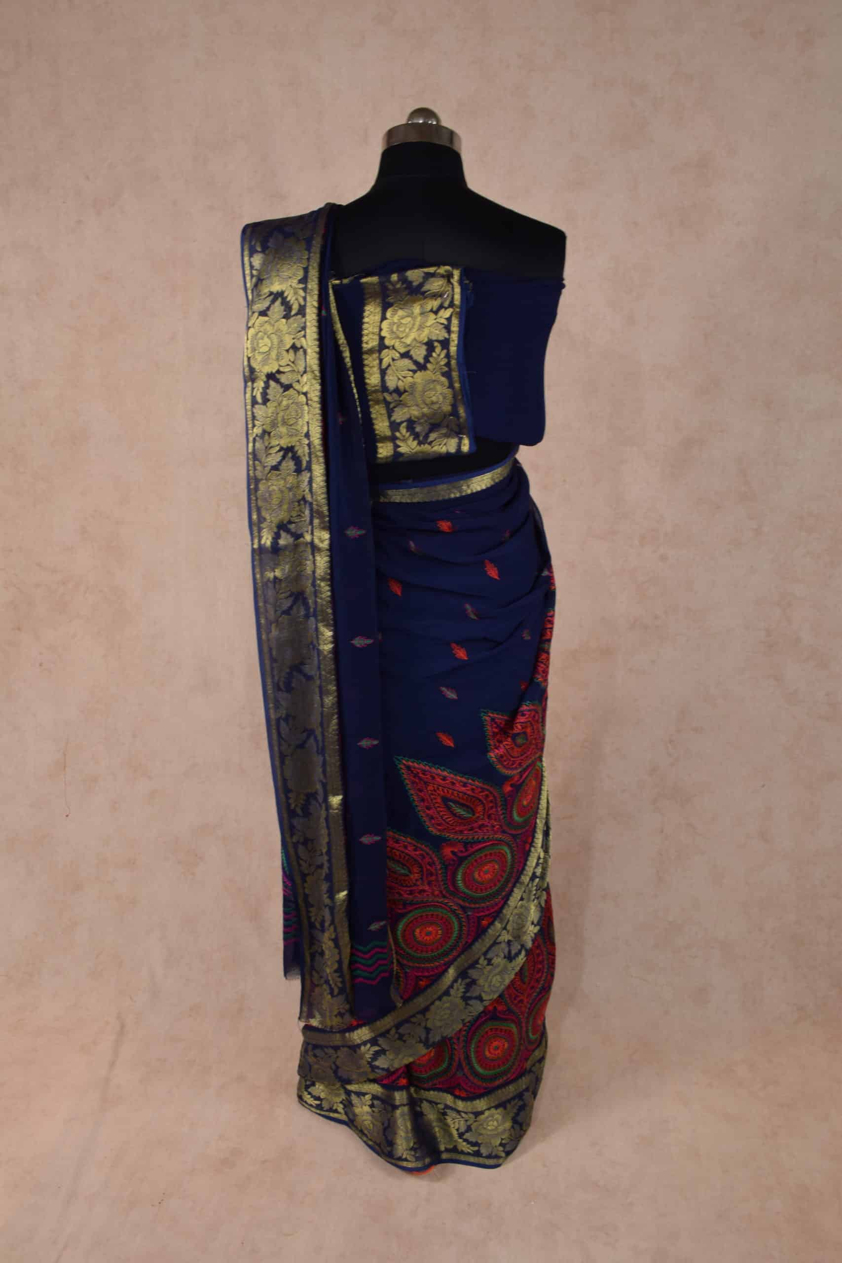 Navy Blue Color Kashmiri Embroidery Saree with banarasi border - KANHASAREE