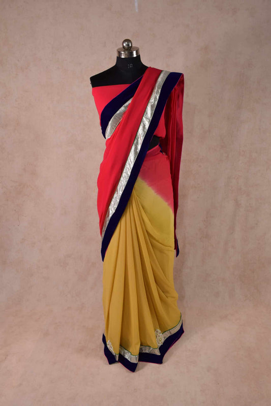 Pink Yellow Color Pure Georgette Patli Pallu Saree - KANHASAREE