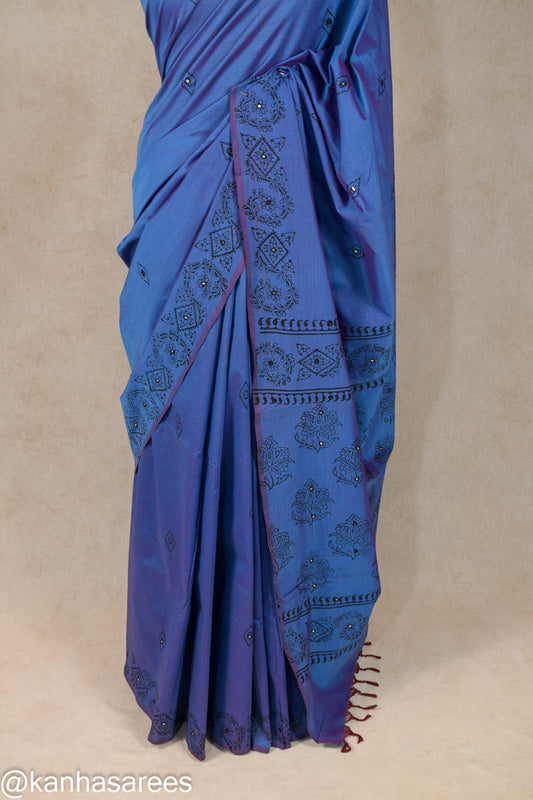 Chanderi Silk Saree with Block Print & Mirror Tikki Work | Double Shading Shaav Saree - Kanhasarees by ksds