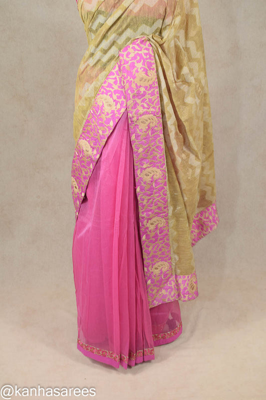 Half Half Handloom Saree | Jute Silk Pallu & Pure Supernet Wrapping with Thread Embroidery - Kanhasarees by ksds