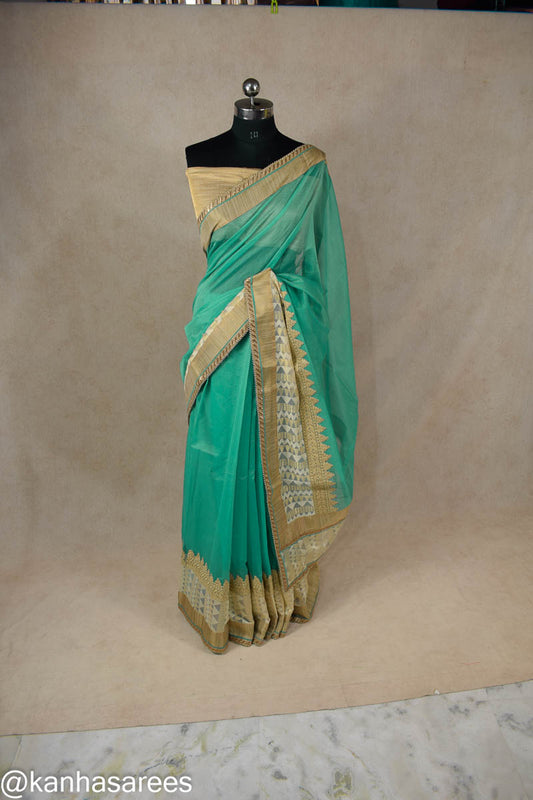 Pure Supernet Saree | Aesthetic Gota & Fancy Work Border with Contrast Golden Blouse - Kanhasarees by ksds
