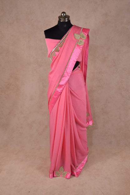 Pure crepe saree with heavy pure raw silk stone pearl work border - KANHASAREE