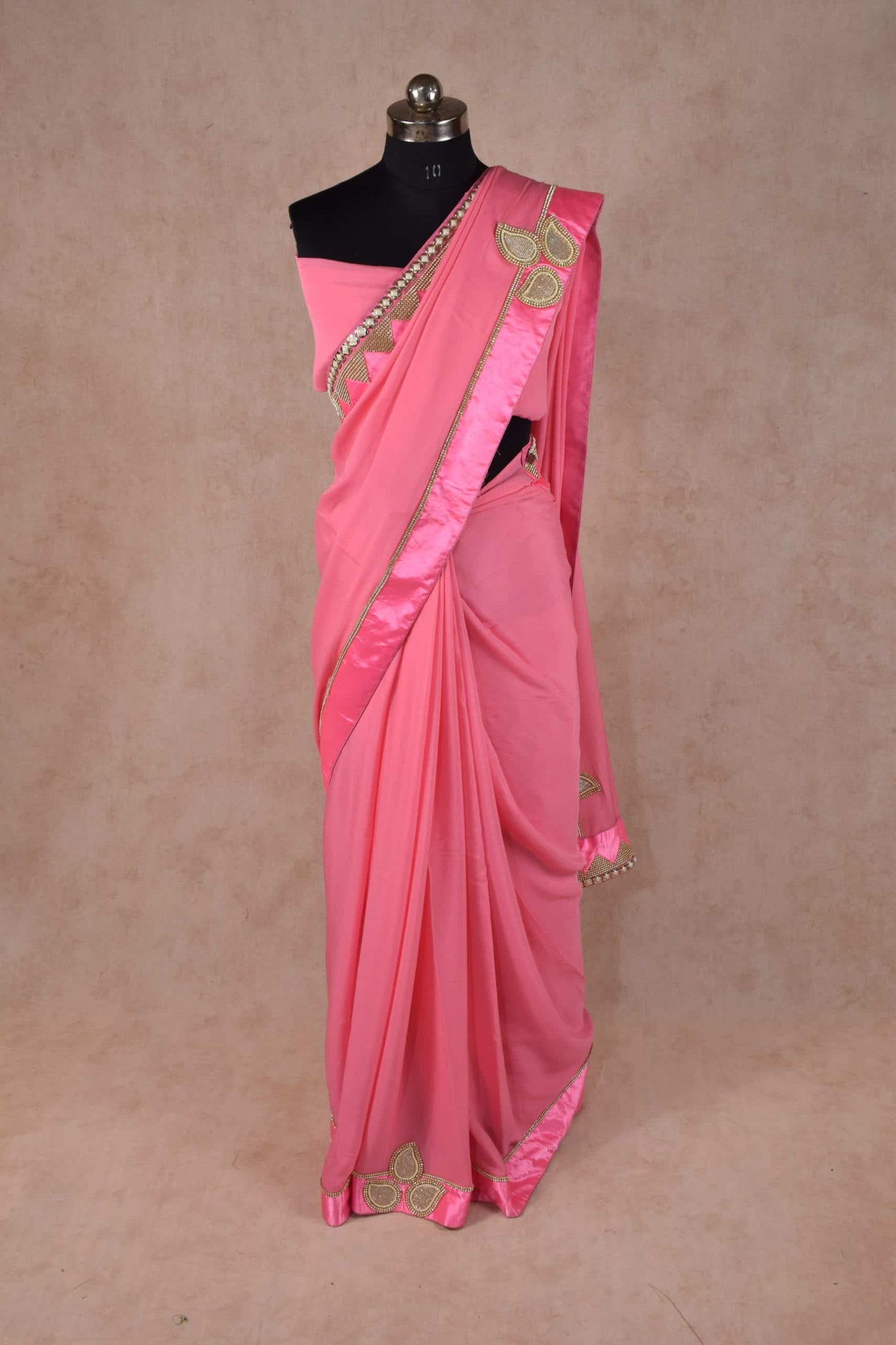 Pure crepe saree with heavy pure raw silk stone pearl work border - KANHASAREE